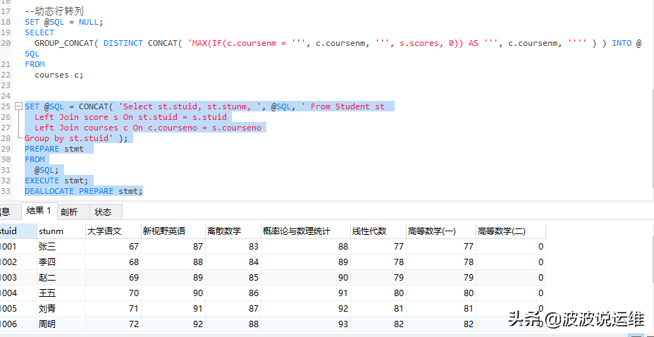 MySQL实验--静态行转列->动态行转列->存储过程使用行转列