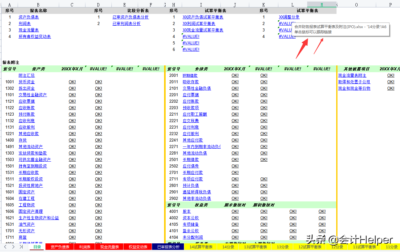 全自动Excel合并财务报表模板，附试算平衡表及附注，直接套用