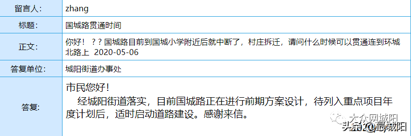 城阳区银河路竣工时间、教师招聘及实验中学招生范围等的官方回复