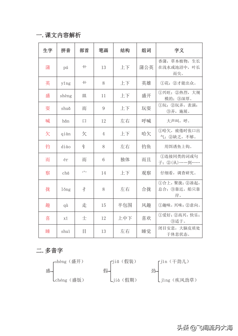小学三年级上语文16课《金色的草地》课堂笔记、教案及练习题