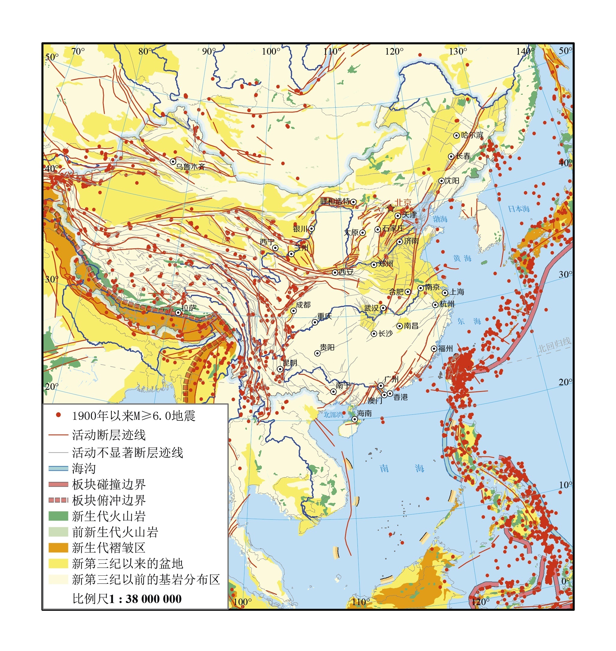 显然江苏盐城的外海并没有在地震带上,不过仍然有活跃的断层迹线,但