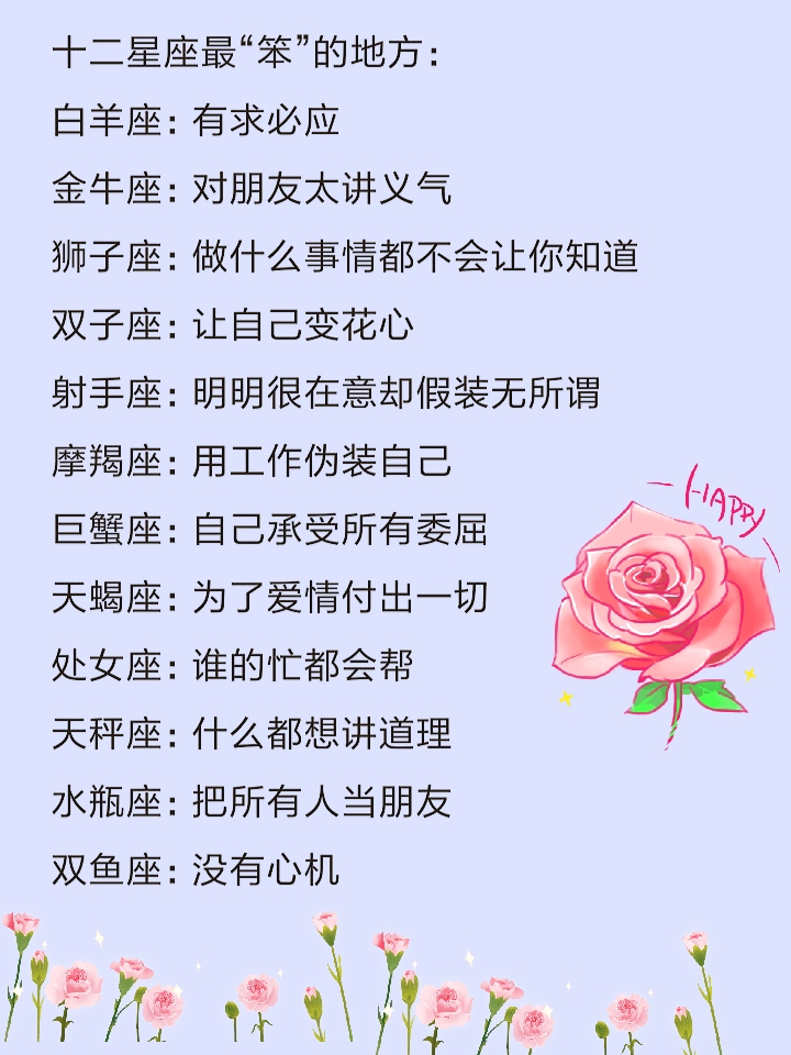 十二星座最“笨”的地方，谁最勤快，谈恋爱最想听到的话是什么