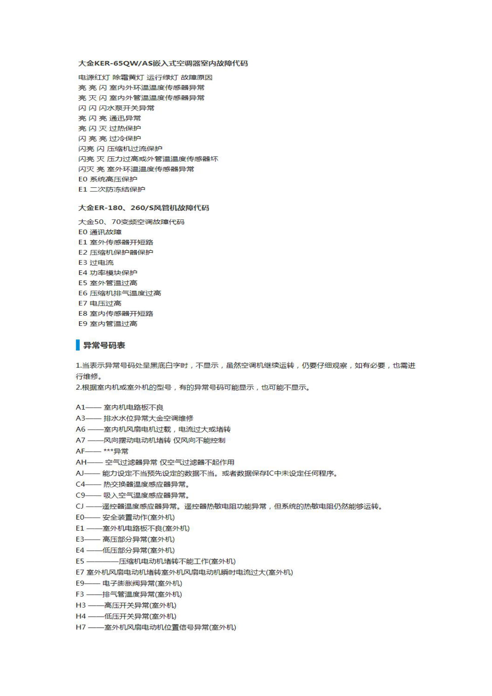 大金空调全套故障代码大全