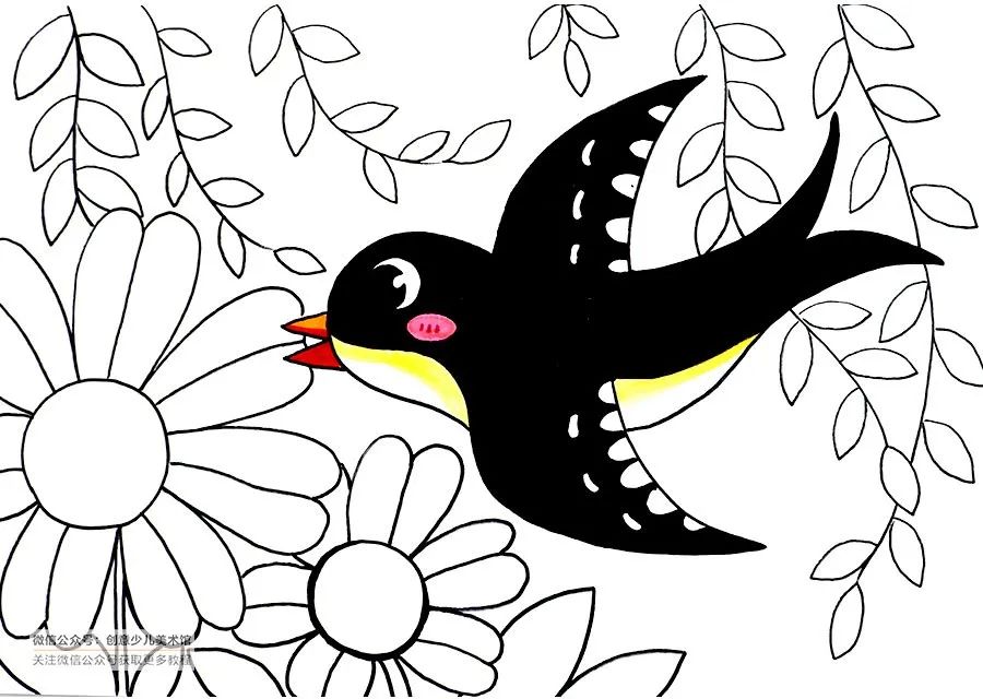 记号笔在纸上画出燕子并添加风景准备一张素描纸围绕可爱活泼的小燕子