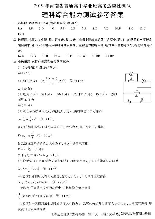 2019年河南省普通高中毕业班高考适应性测试（理综）