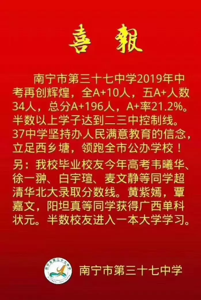2019年南宁中考98人全A+，各初中名校发布喜报，你觉得哪家强？