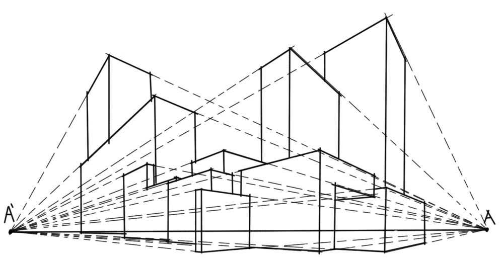 两点透视示意图如果建筑物仅有铅垂轮廓线与画面平行,而另外两组水平