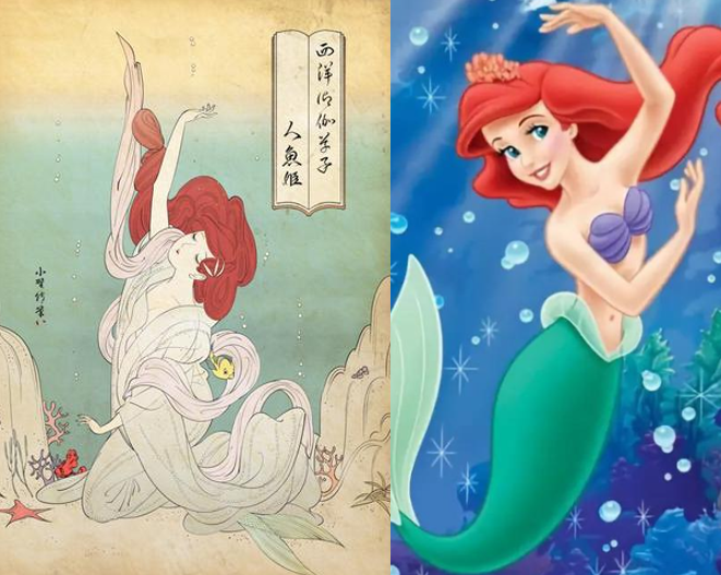 迪士尼公主变成传统日式画风，艾莎女王带着妹妹，白雪公主变艺伎