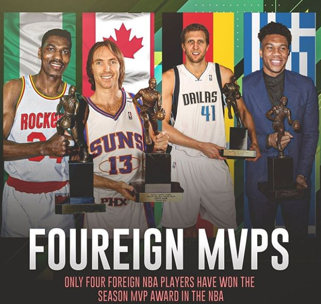 nba哪些美籍外国球员(美媒列出NBA仅有的4位非美国裔MVP，字母哥之后，谁会成为第5人？)