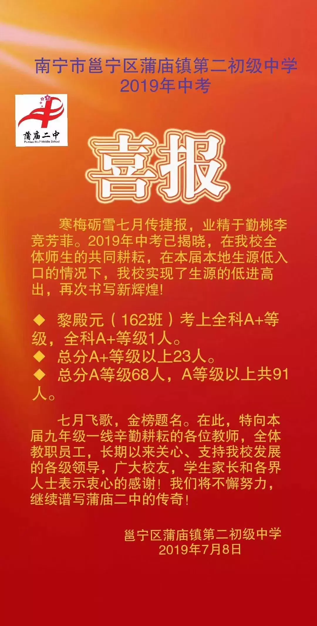 2019年南宁中考98人全A+，各初中名校发布喜报，你觉得哪家强？