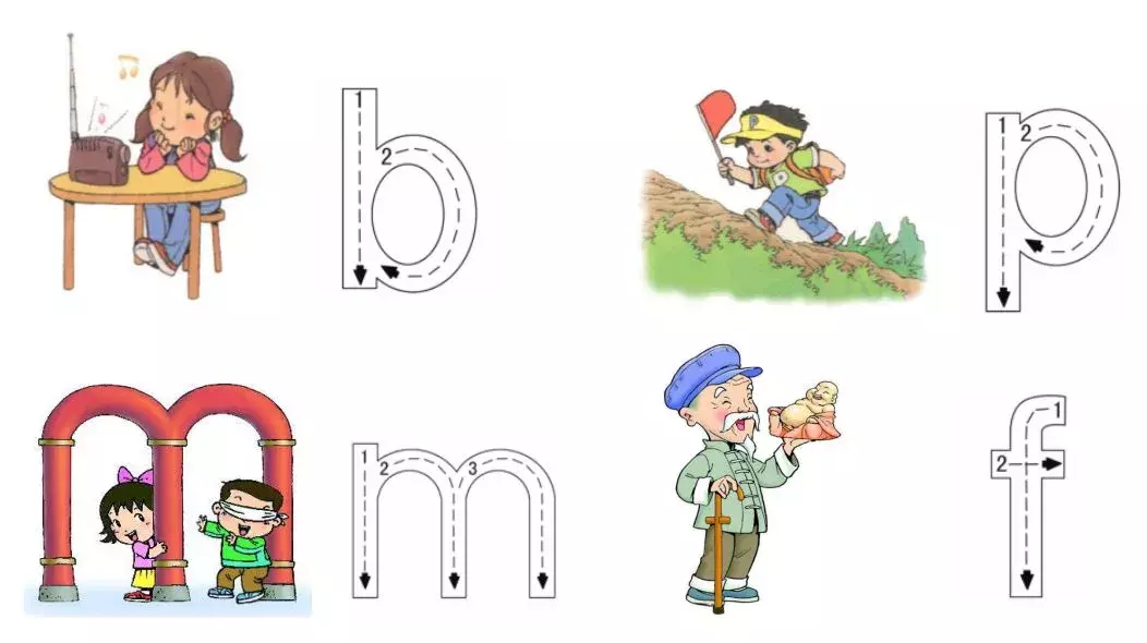 像个6字 b b b ,脸盆泼水 p p p ,两个门洞 m m m ,一根拐棍 f f f