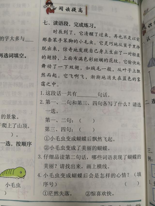 二年级下册22课看《小毛虫》化茧成蝶，掌握知识，弄懂道理