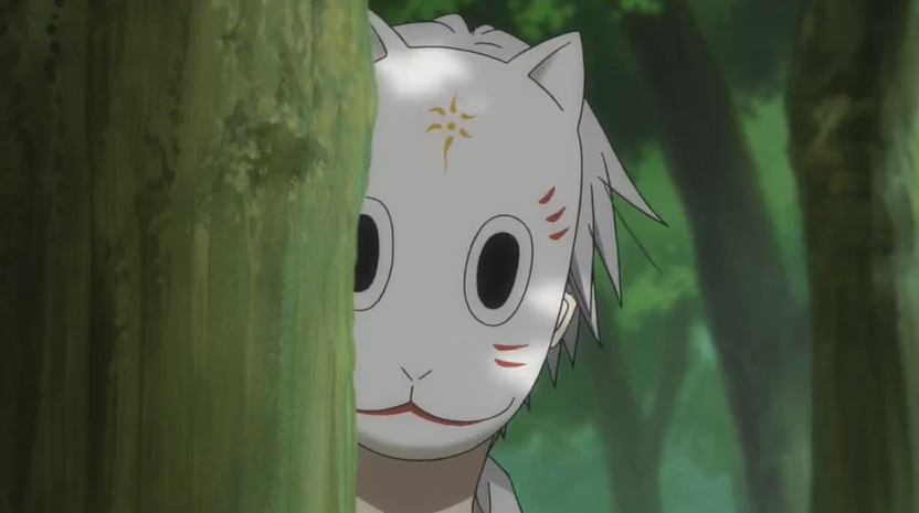 在她无助之时,树后出现了一个带着狐面具的银发少年.