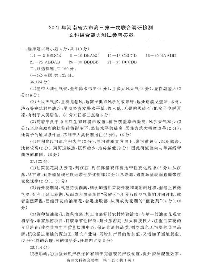2021河南省六市高三第一次联考试题+答案！高清版本可下载
