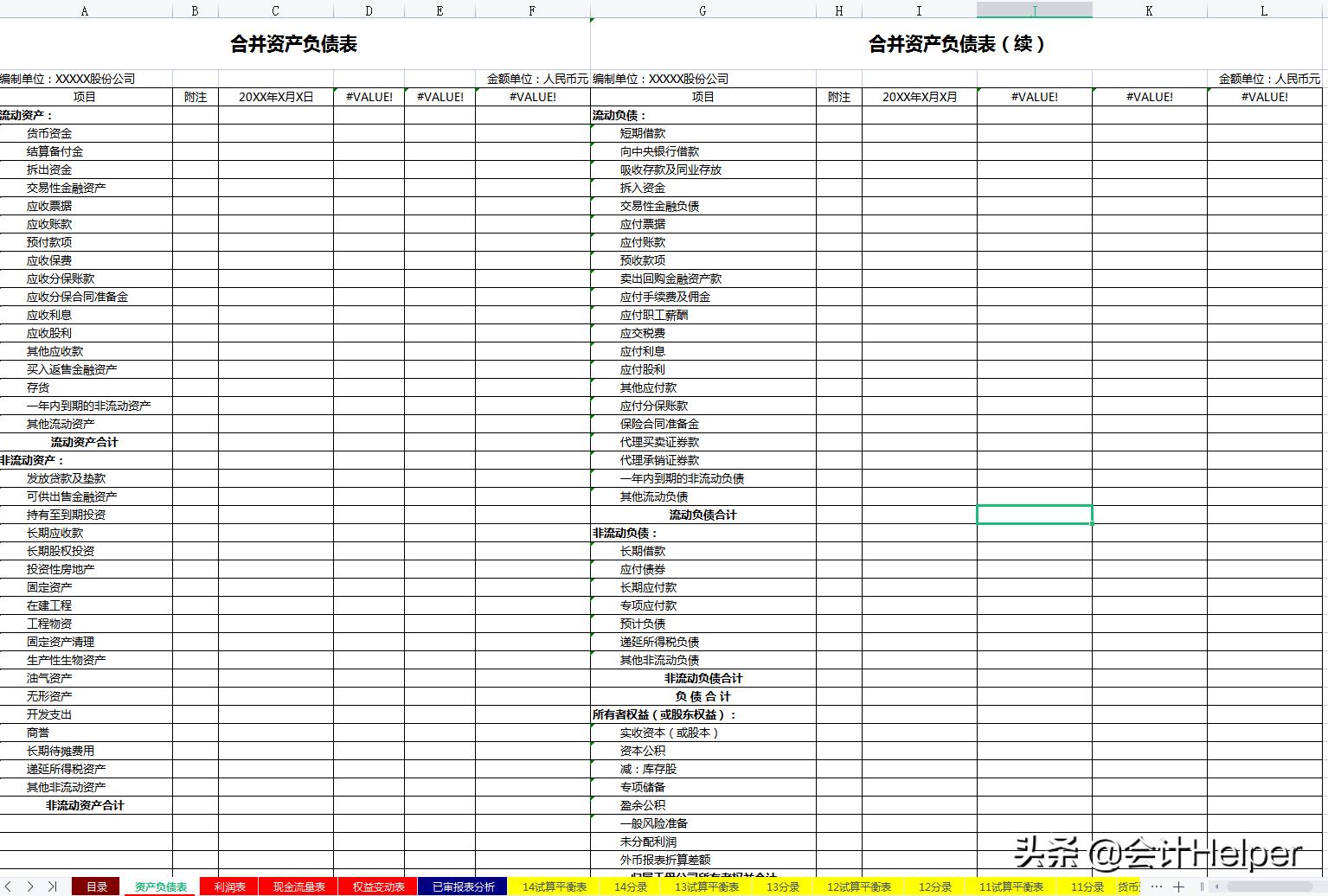 全自动Excel合并财务报表模板，附试算平衡表及附注，直接套用