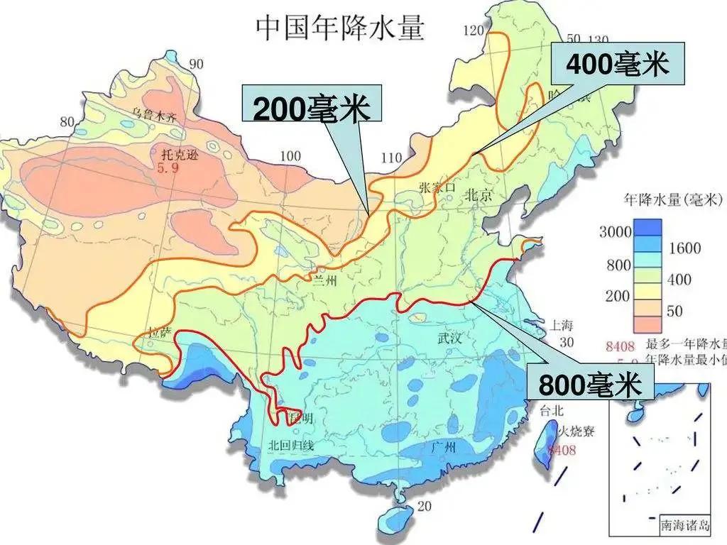降水量地图干湿气候图一月气温图气候地区分界图山脉分布图三大阶梯