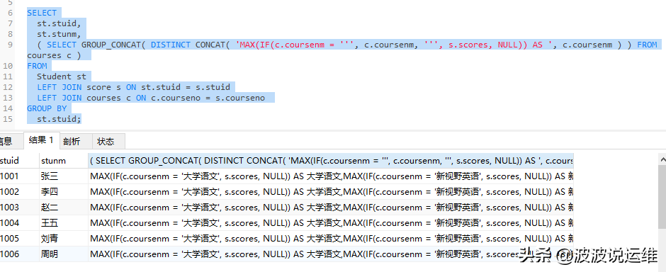 MySQL实验--静态行转列->动态行转列->存储过程使用行转列