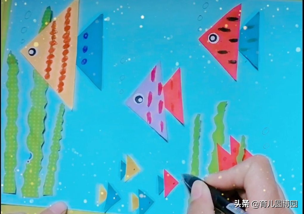 幼儿园手工小鱼，三角形拼凑小鱼，亲子手工小鱼，幼儿认识三角形