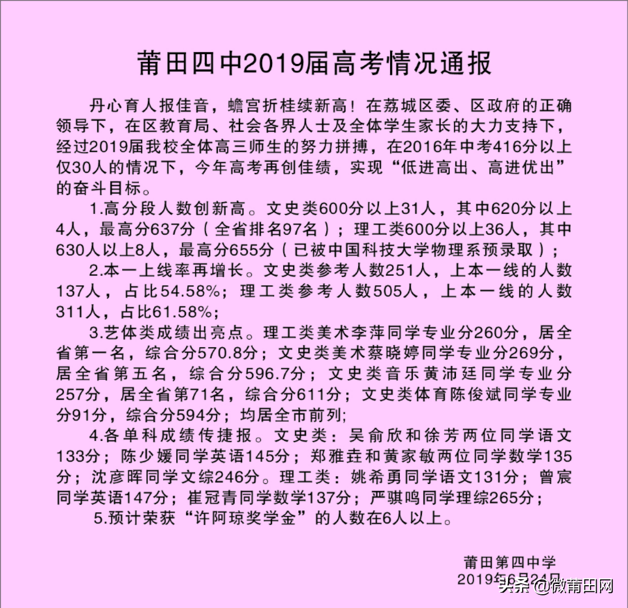 莆田各个中学传来高考喜报，这些学霸被清华北大录取啦