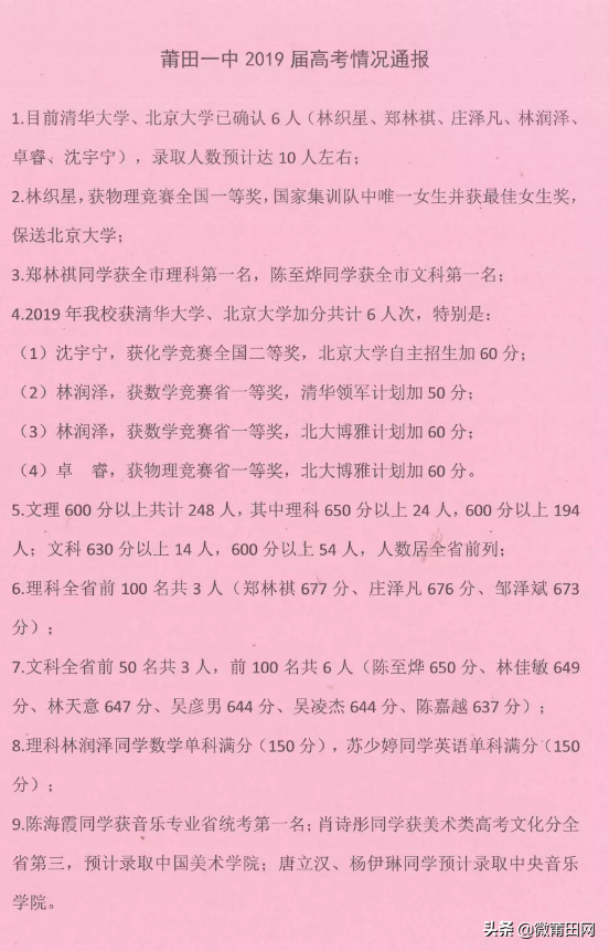 莆田各个中学传来高考喜报，这些学霸被清华北大录取啦