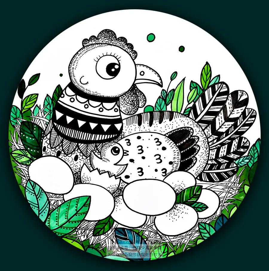 儿童画教程|线描绘画的装饰运用《鸡妈妈在孵小鸡啦》