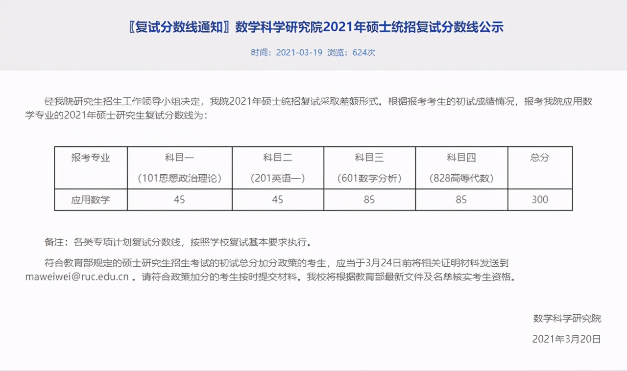 中国人民大学2021硕士研究生25个学院（系）复试分数线汇总