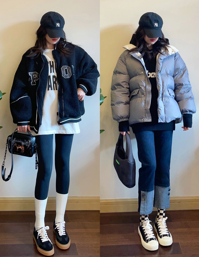 冬季出门的别再傻傻地穿阔腿了，棉服+鲨鱼裤才会火，照着穿稳赢