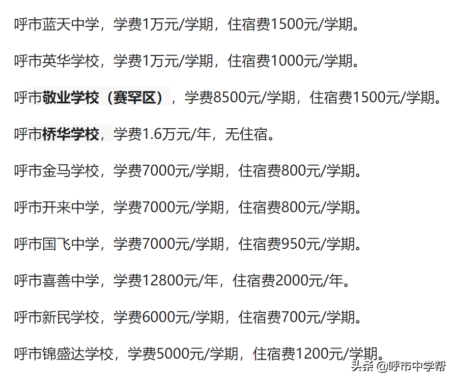 呼市中小学学费盘点，中学最高3万，小学最高4万2