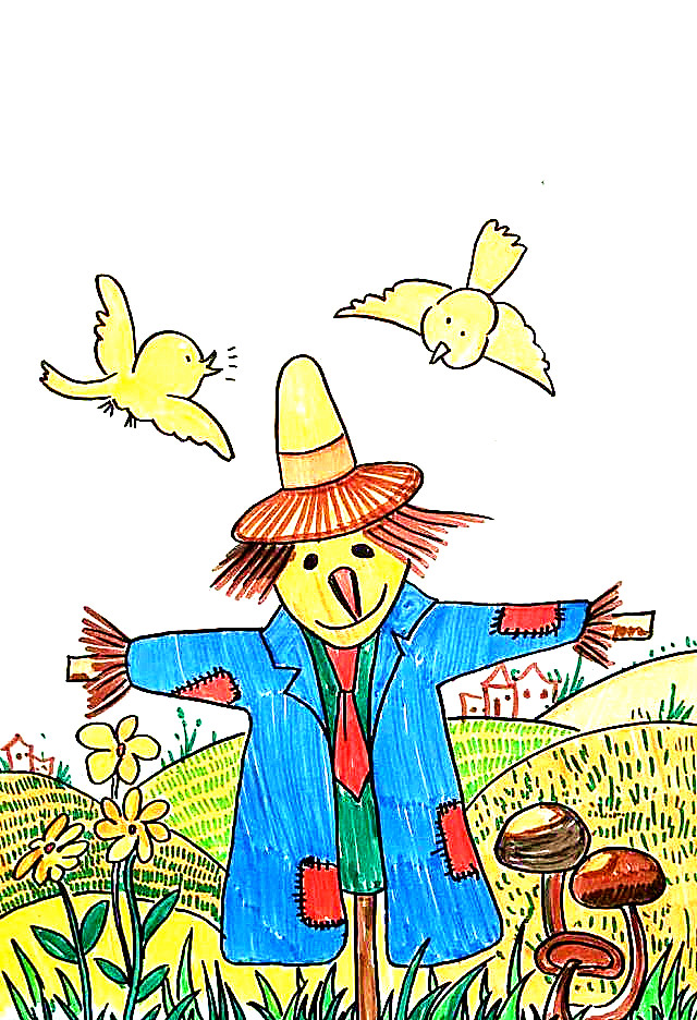 少儿美术创意课题《稻草人》，15分钟就可以完成的儿童画作品