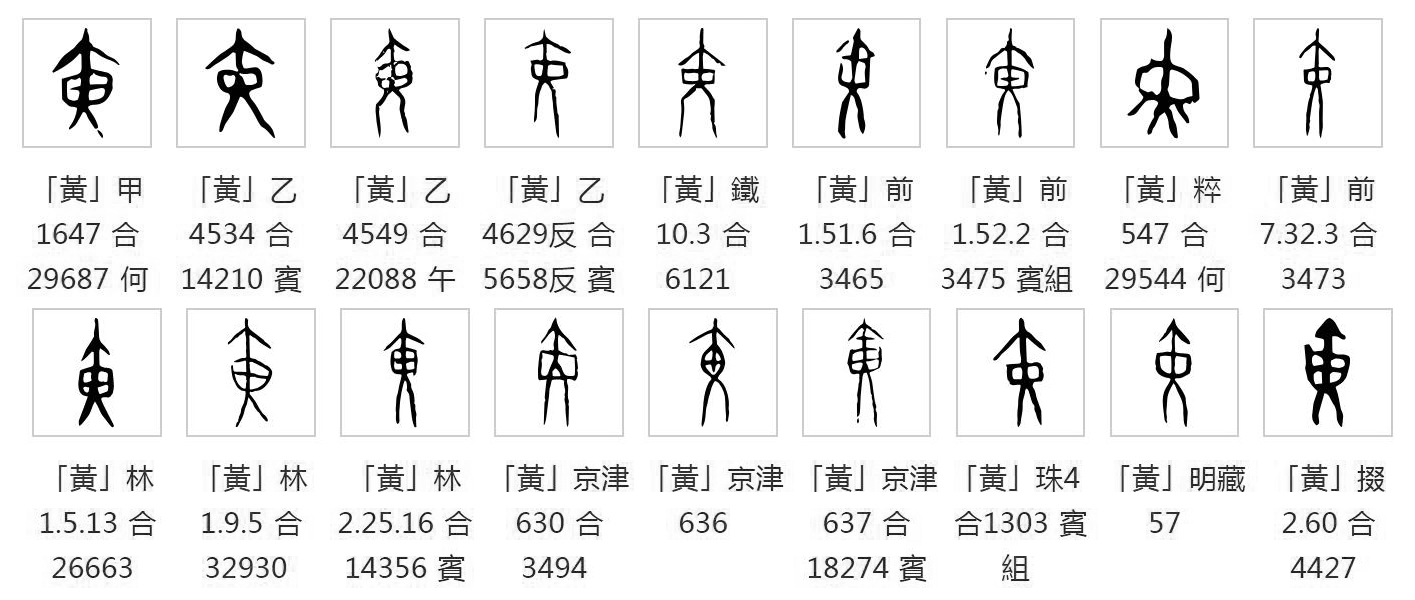 甲骨文黄字就像一只蝗虫,上边是头,田字是其腹部,头部和尾部两对与