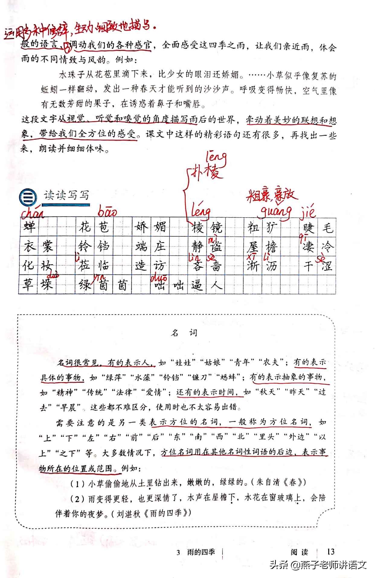 七上《雨的四季》手写笔记,词句赏析,难点突破