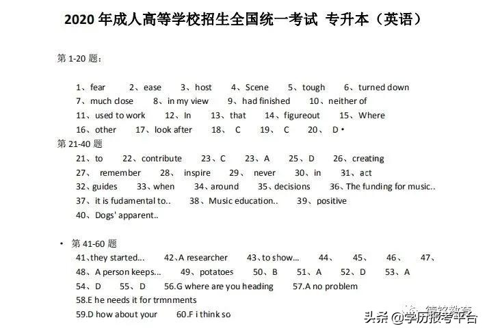 「速对」2020年成考各科目考试真题答案