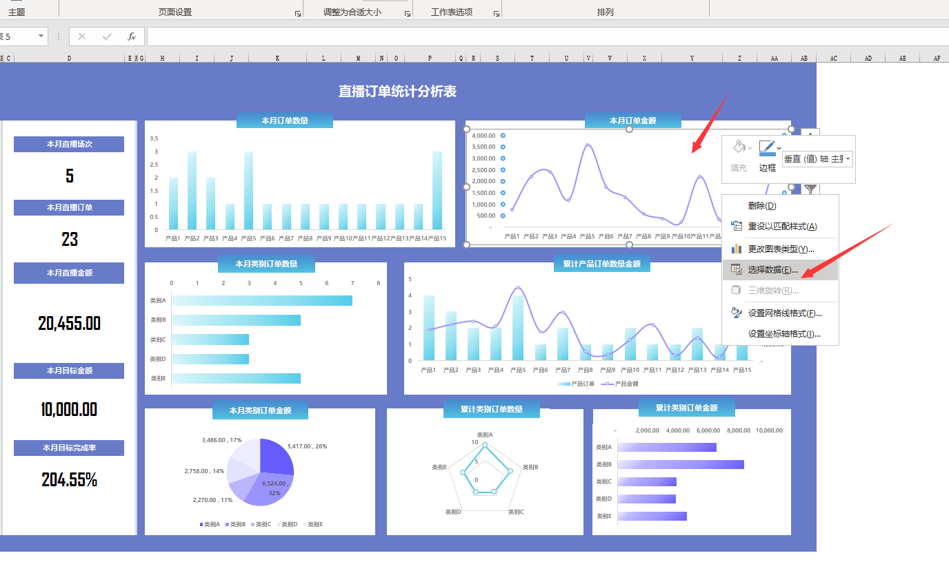 excel直播订单统计分析表动态可视化图表分析看板直接套用