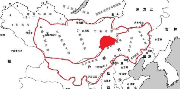 喀尔喀蒙古三部分布示意图努尔哈赤建政后,一改明帝国对"口外"诸部不