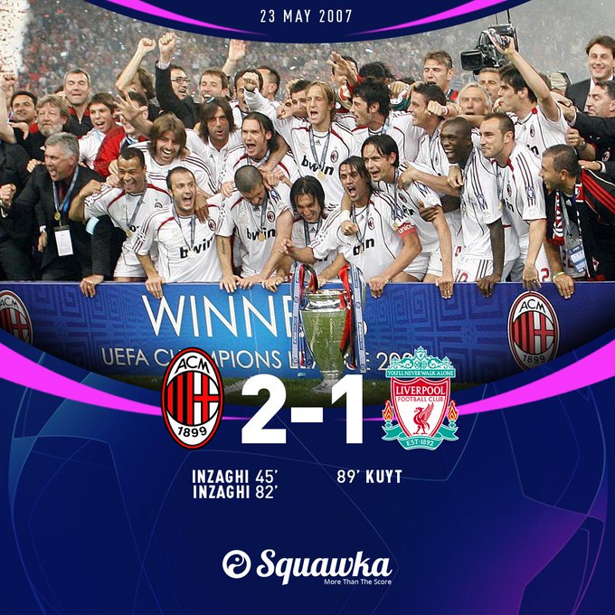 2007年的今天，米兰复仇利物浦，夺得欧冠冠军