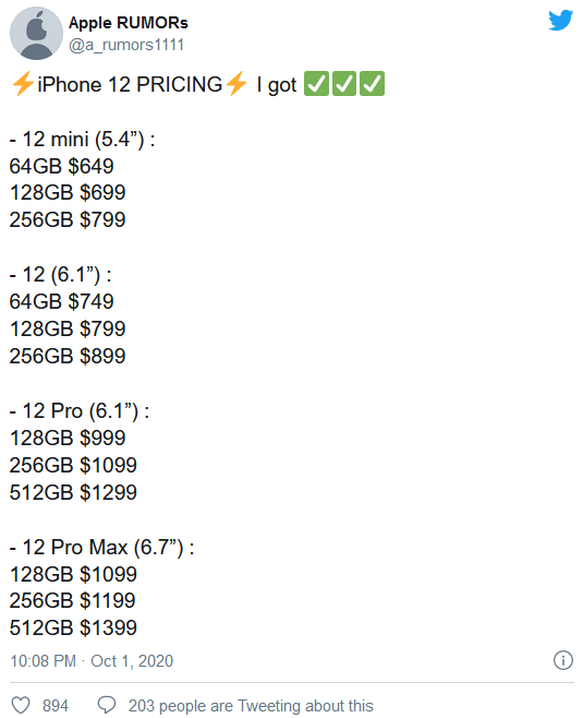 苹果12全系售价泄露，四款机型价格区间为649-1399美元？