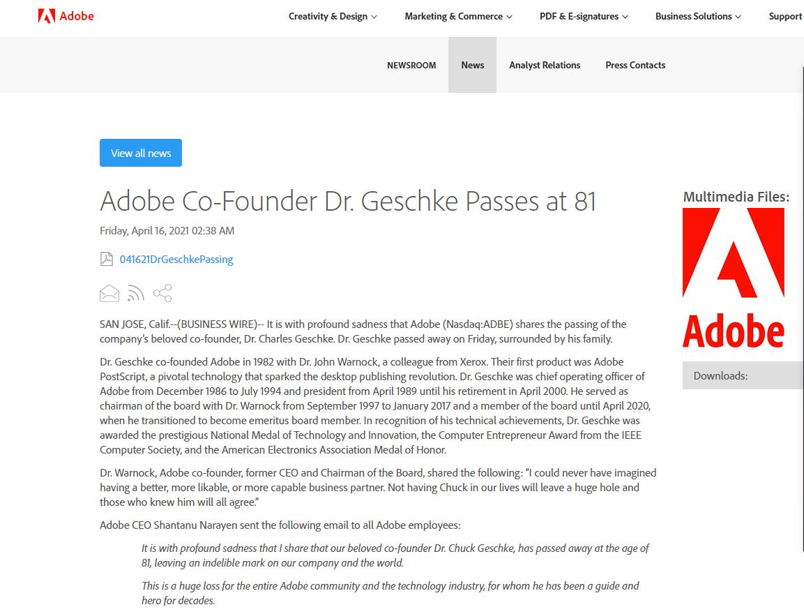 Adobe联合创始人、PDF开发者格什克去世，享年81岁