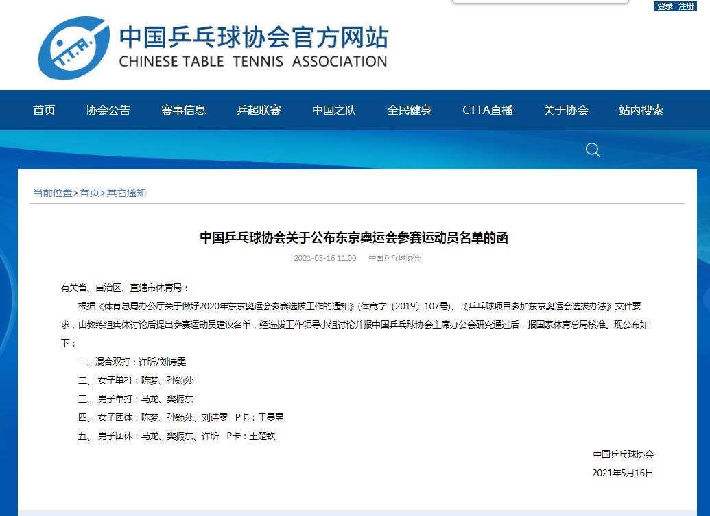 乒乓球国家队名单(中国乒乓球队东京奥运会参赛名单正式公布)