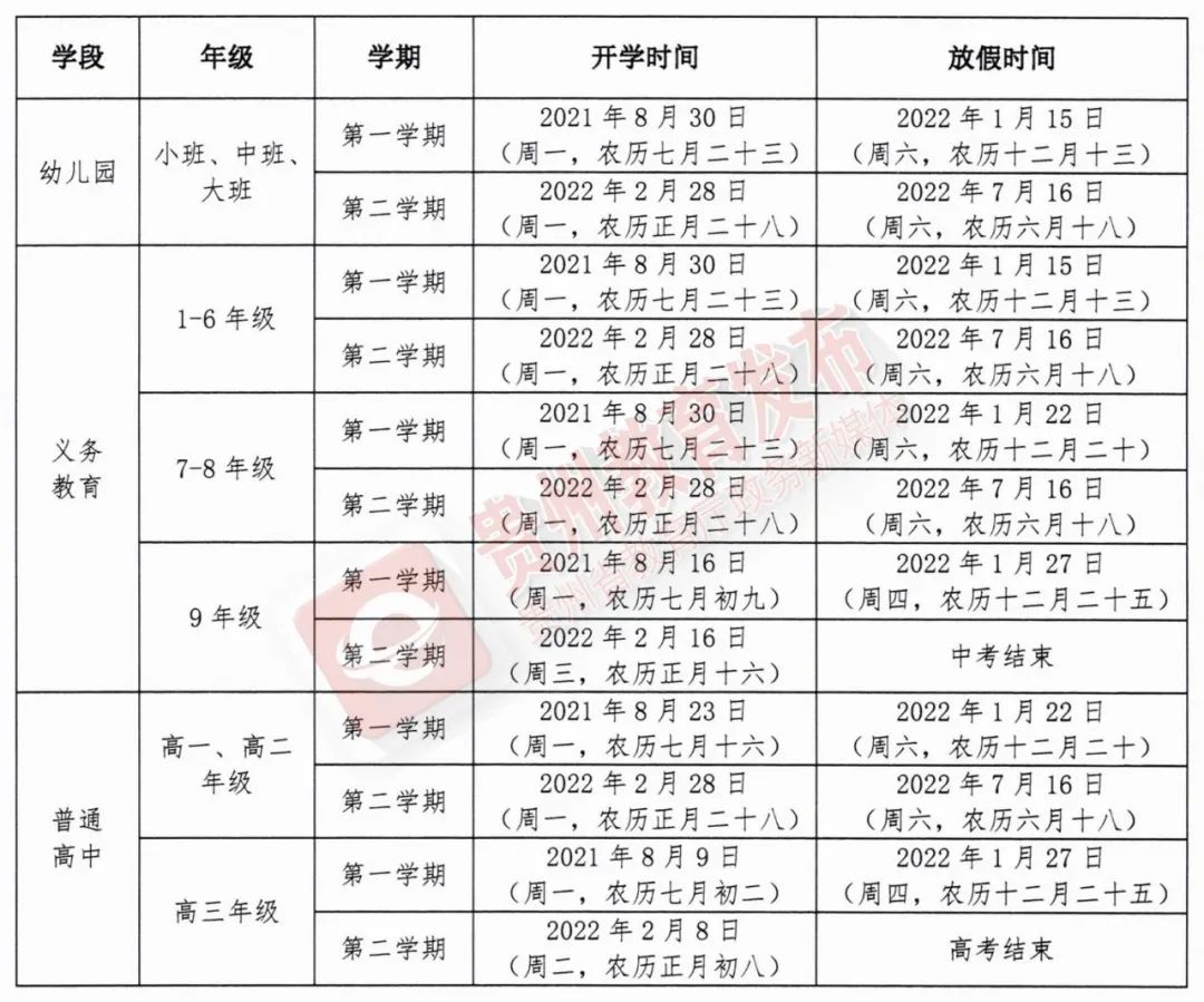 贵州省2021-2022学年度中小学（幼儿园）开学放假时间来了