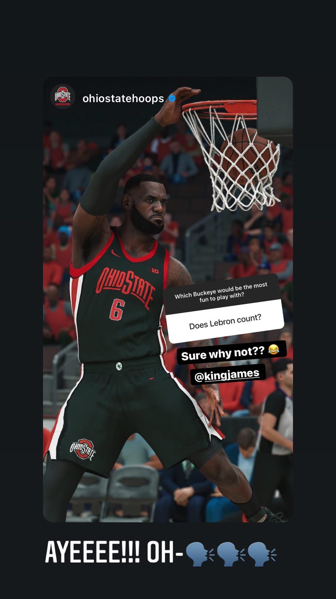 nba2k22有哪些大学(家乡大学梦！詹姆斯转发自己代表俄亥俄州大的游戏截图)