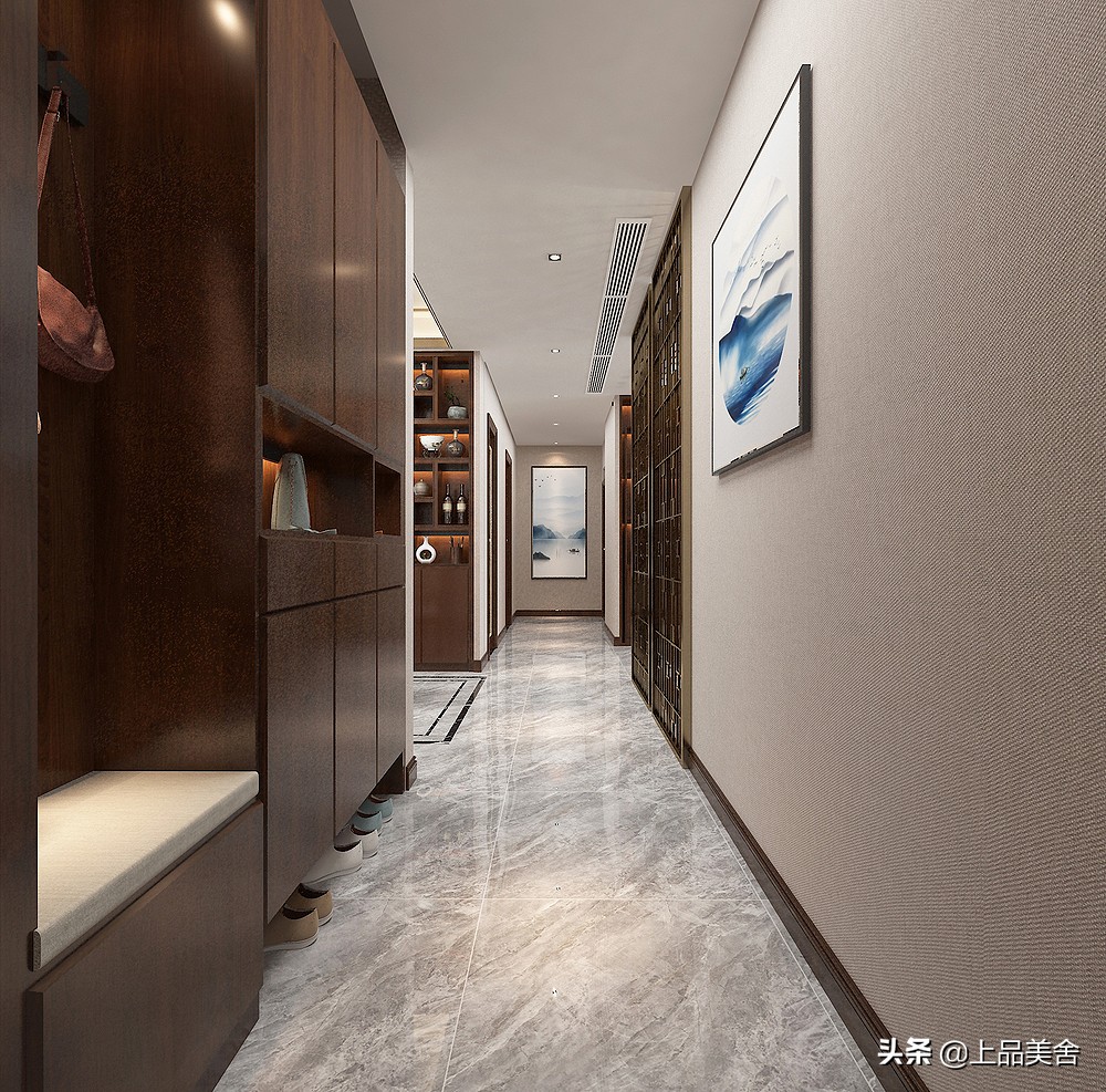用大理石做电视背景，客厅显得非常大气，120平新中式风，太惊艳
