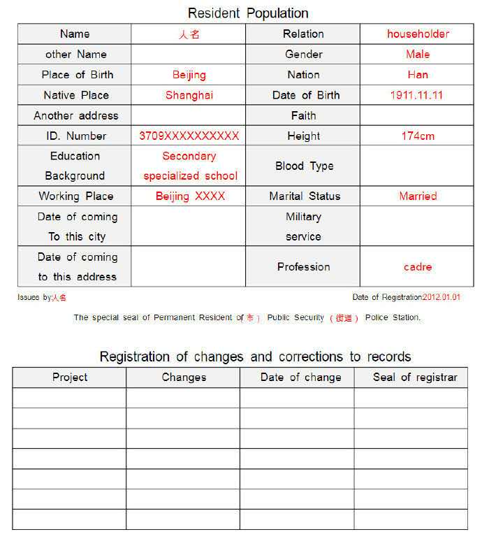 户口本中英文翻译模板示例