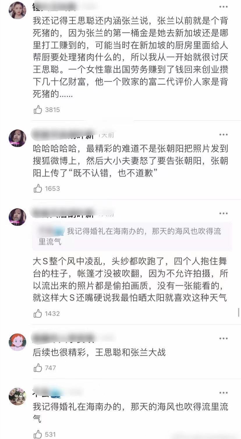 大S和汪小菲的婚礼上热搜，王思聪曾骂张兰就是个“背死猪的”