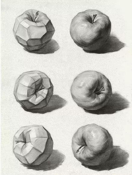 重要的是把圆的苹果看成是一个块面结构的方形其实画素描苹果还是非常