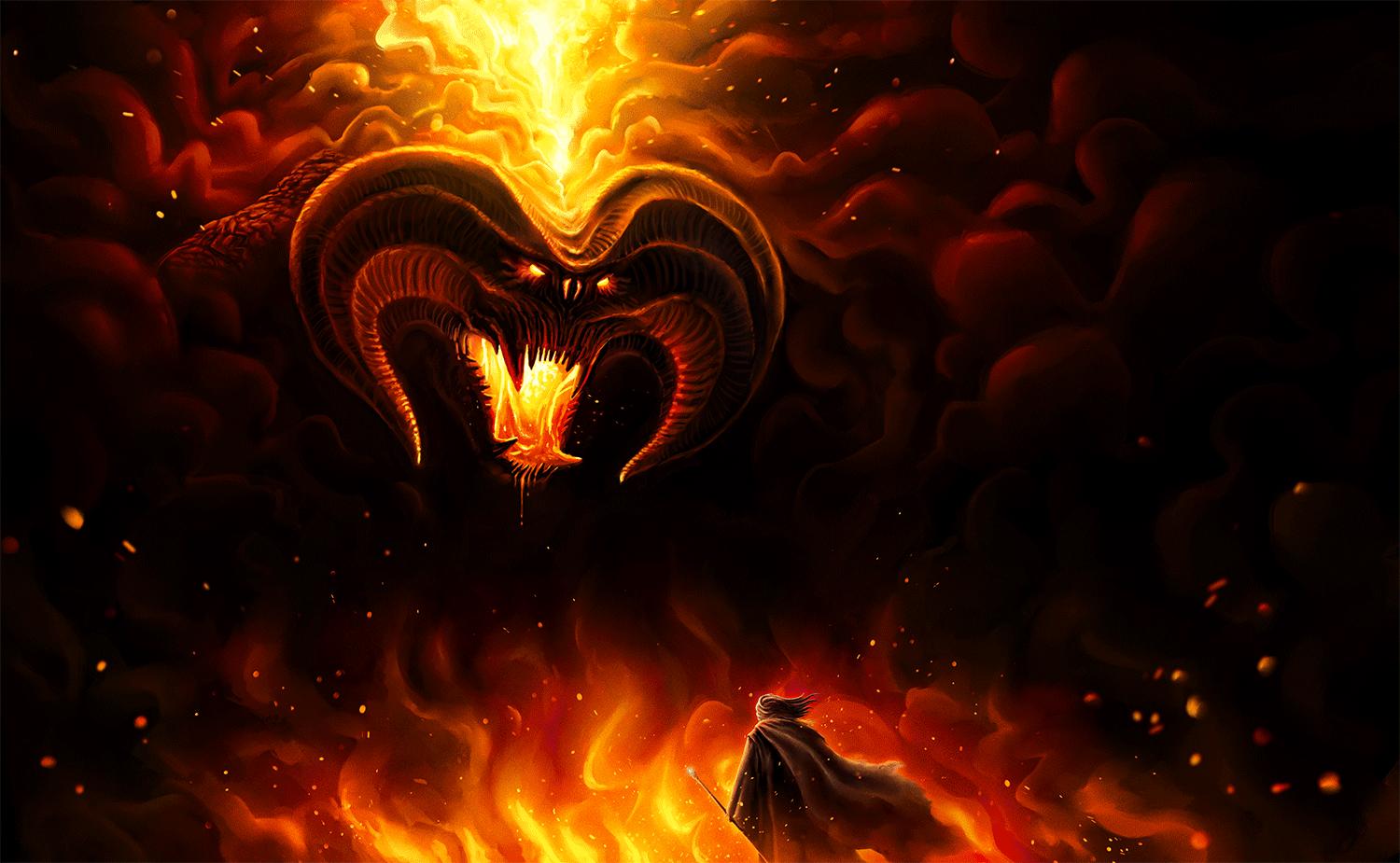 甘道夫选择卡扎督姆桥独自阻挡炎魔而坠入深渊,其后双方在地底争斗