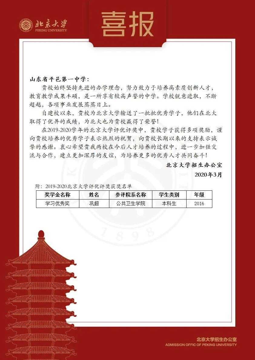 北大给山东平邑第一中学发来喜报：祝贺该校毕业生荣获学习优秀奖