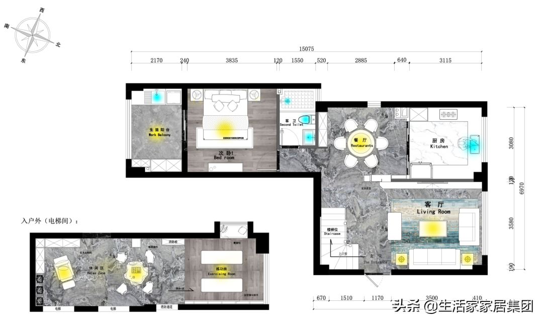 150㎡跃层四室，现代风装修很简约，大理石、胡桃木奏响空间序曲