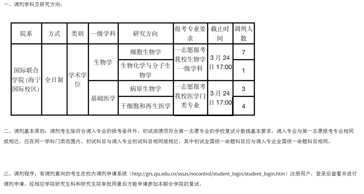 浙江大学2021年硕士研究生校内跨院调剂信息