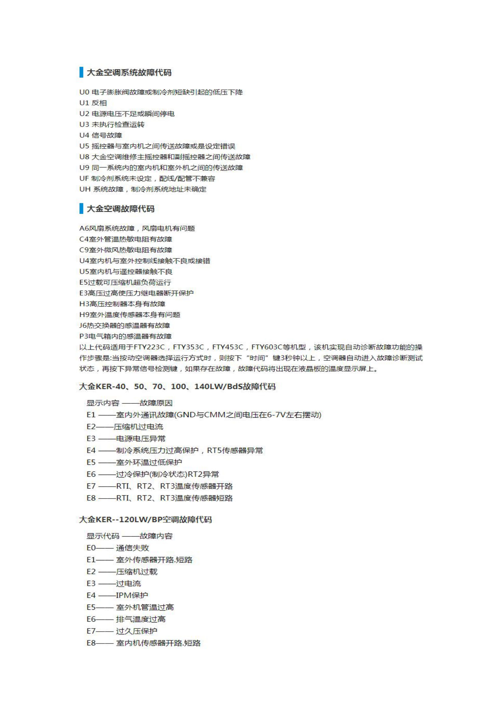 大金空调全套故障代码大全