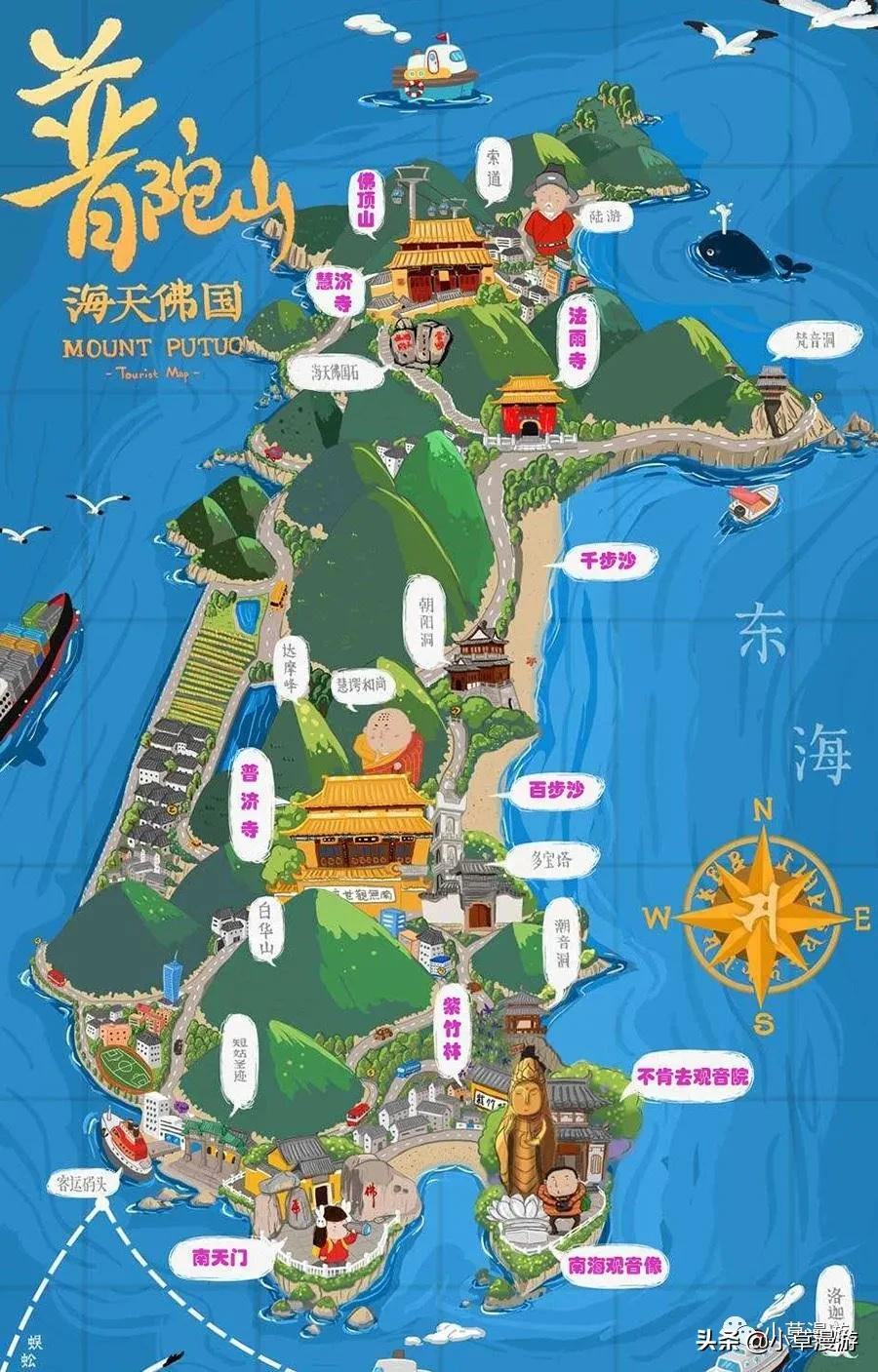 线路:码头—南天门—南海观音—索道—慧济寺—法雨寺—千步沙